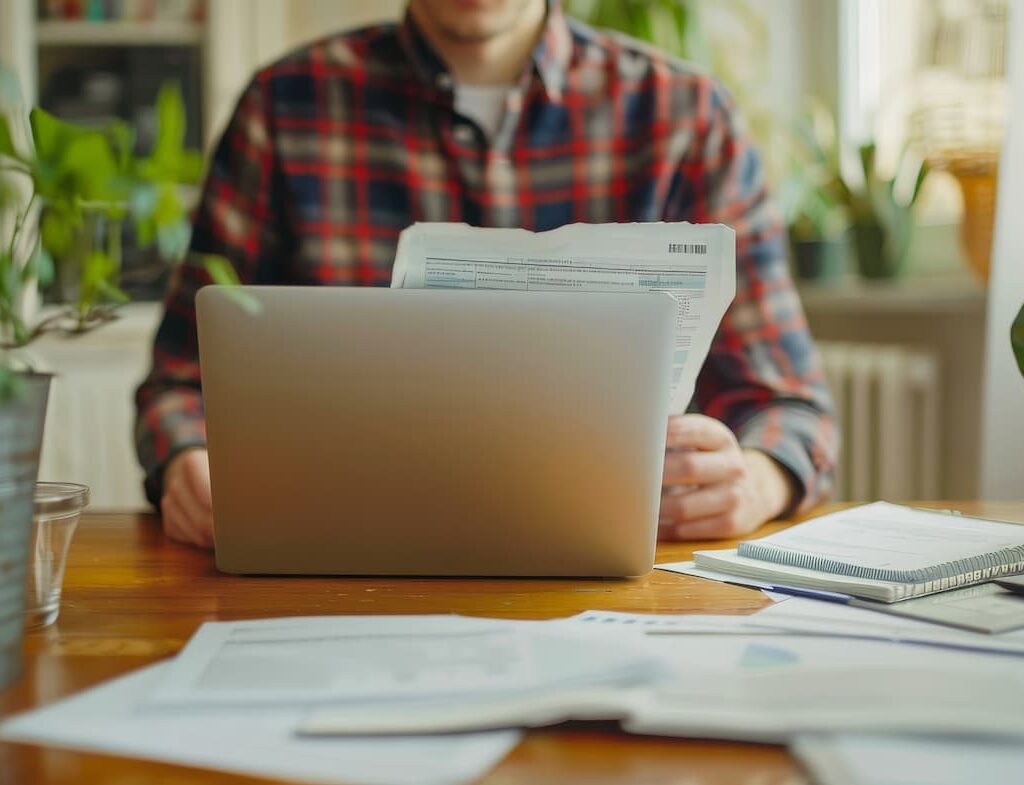 Persona revisando documentos fiscales frente a una laptop, en un espacio de trabajo con plantas y luz natural