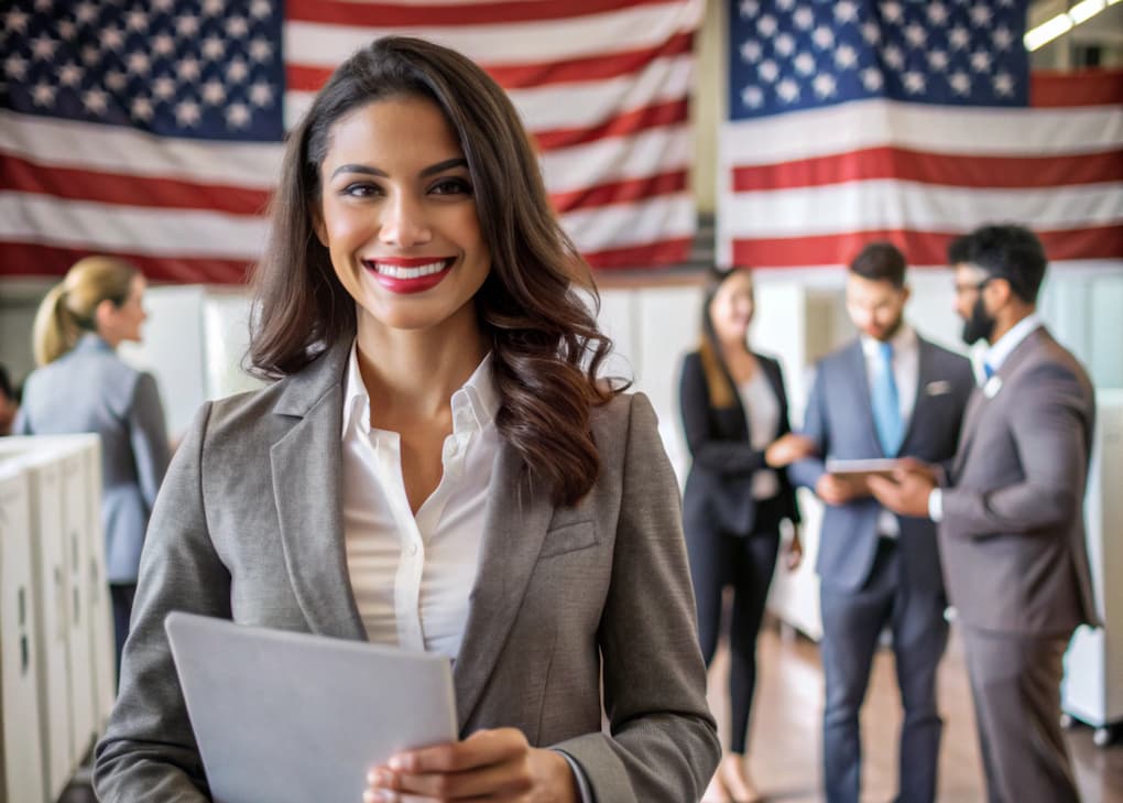 Mujer sonriente vestida con traje formal sosteniendo documentos, con un grupo de personas en segundo plano conversando frente a banderas de Estados Unidos.