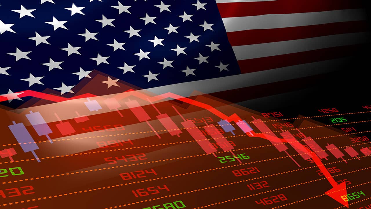USA flag as background with stock market figures on front after setting up a business in the USA from the UK