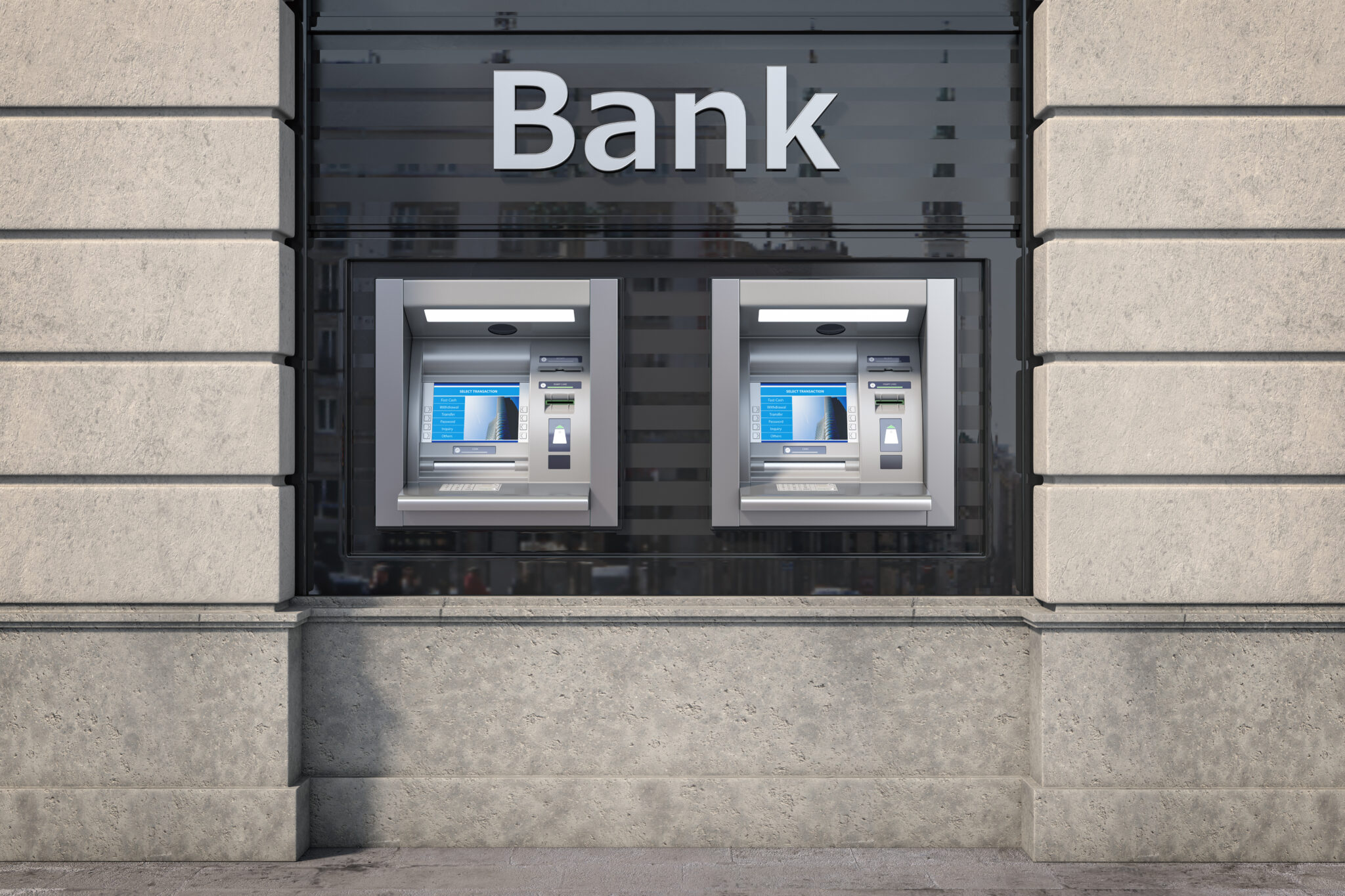 Edificio de banco tradicional con cajero automático en contraste con los mejores neobancos y nuevos bancos digitales