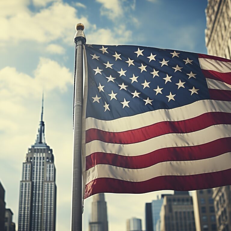 low angle american flag with the empire state building in the back