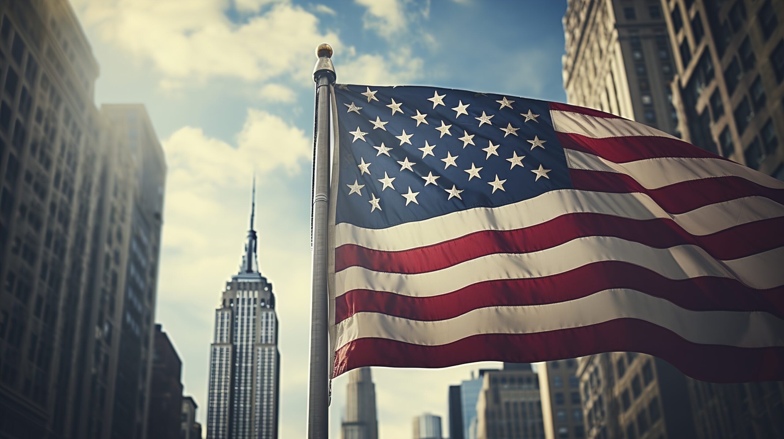 low angle american flag with the empire state building in the back