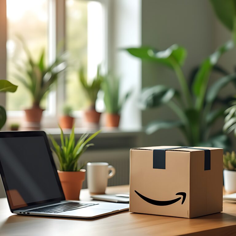 modern workspace with amazon delivery box