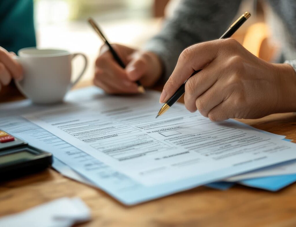 Primer plano de una persona que llena un formulario con un bolígrafo, con otra persona cerca sosteniendo una taza de café y documentos adicionales y una calculadora sobre la mesa.