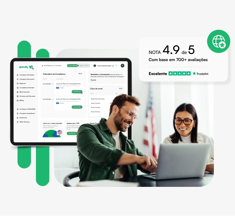 Painel da plataforma Globalfy mostrando calendário de compliance, documentos e caixa de e-mail, com nota 4,9 de 5 baseada em mais de 700 avaliações no Trustpilot