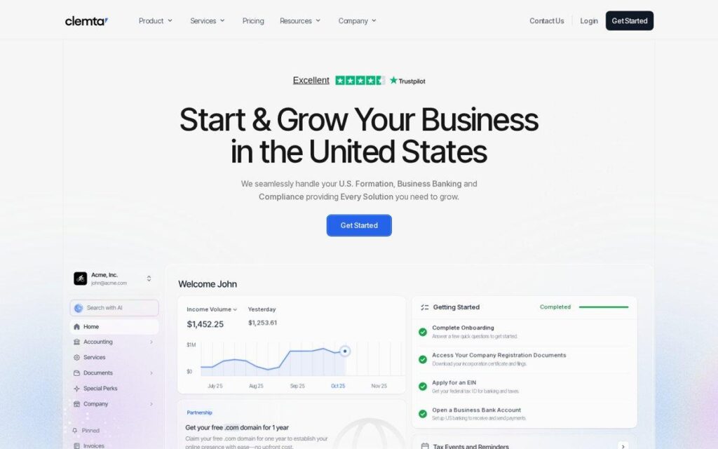 Página de inicio de Clemta en inglés, alternativa a doola con plataforma financiera integrada