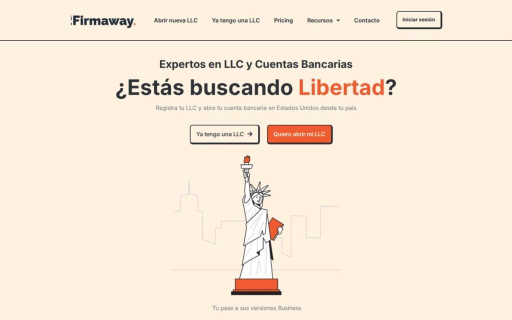 Página de inicio de Firmaway, alternativa a doola para abrir una LLC y una cuenta bancaria en español